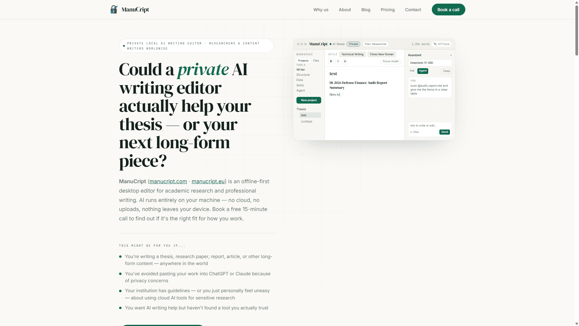 ManuCript private local AI writing editor homepage